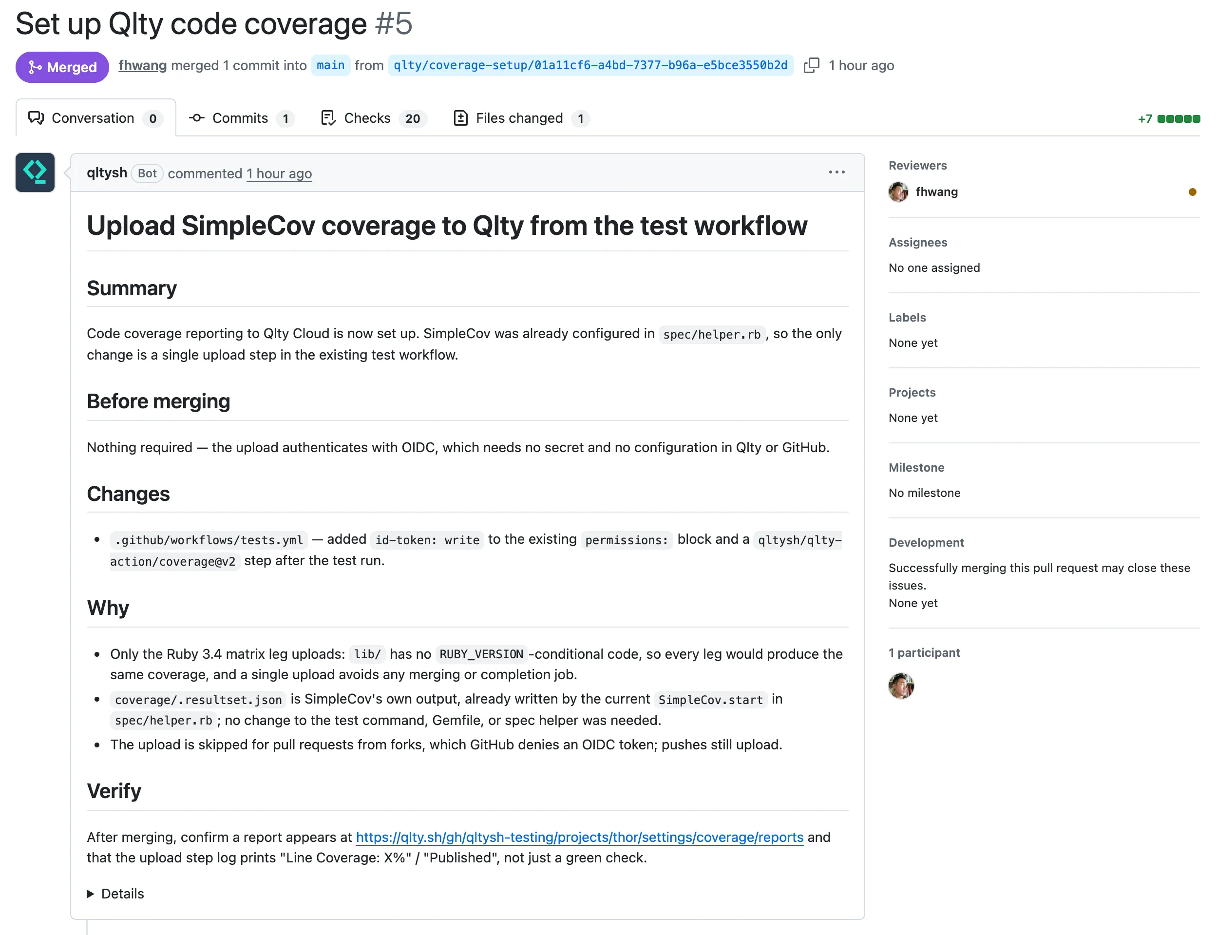 A draft pull request titled "Set up Qlty code coverage", with the agent's report as its description and the person who clicked as reviewer