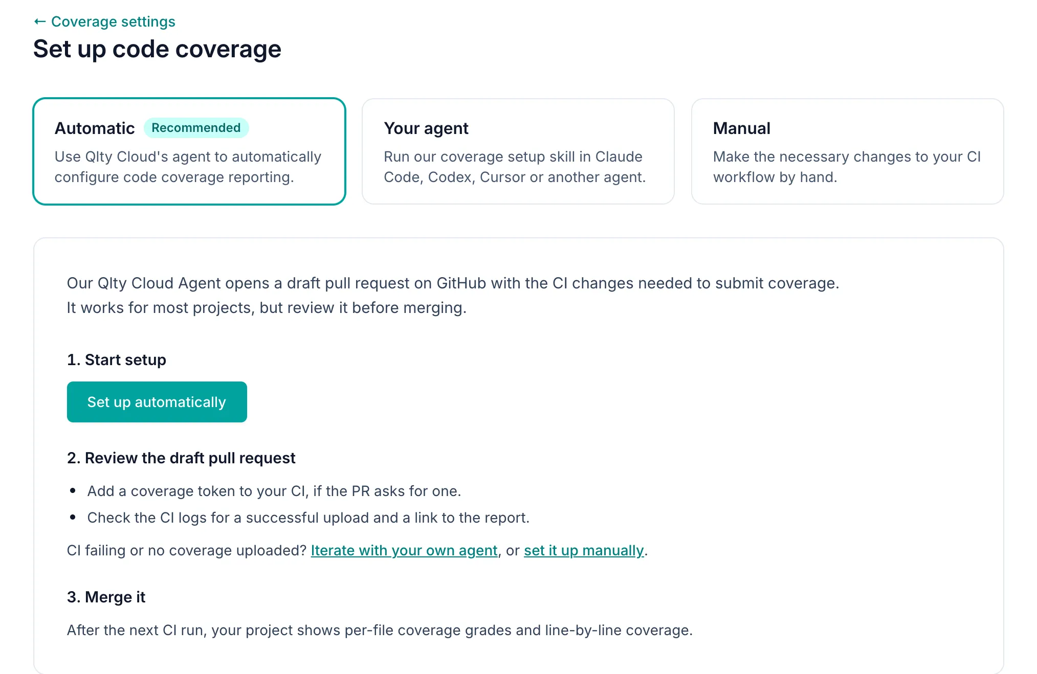 The coverage setup page: Automatic, Your agent and Manual tabs, with Automatic selected